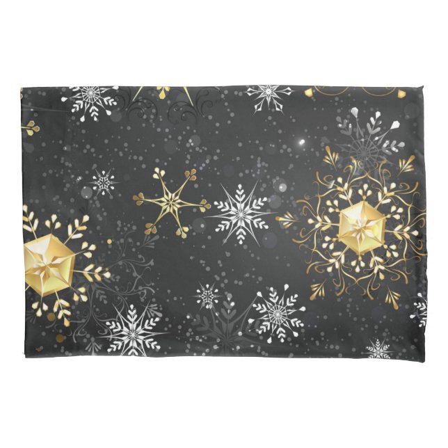 Xmas Golden Snowflakes on Black Background Pillowcase (Front-Left)