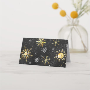 Xmas Golden Snowflakes on Black Background Place Card