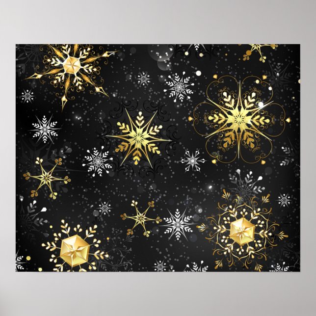 Xmas Golden Snowflakes on Black Background Poster (Front)