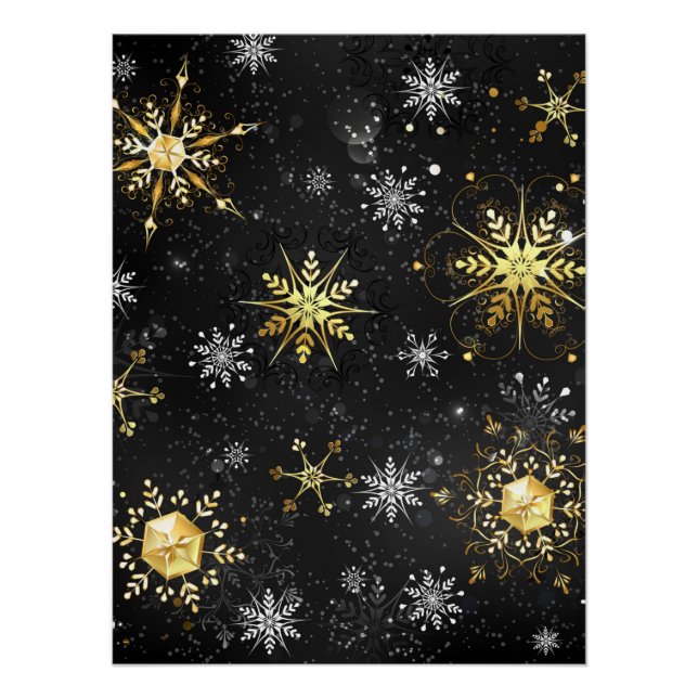 Xmas Golden Snowflakes on Black Background Poster (Front)