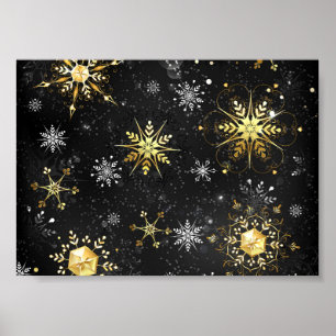 Xmas Golden Snowflakes on Black Background Poster