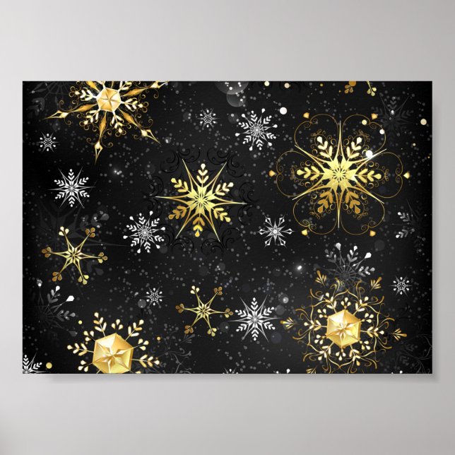 Xmas Golden Snowflakes on Black Background Poster (Front)