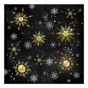Xmas Golden Snowflakes on Black Background Poster