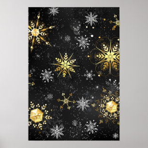Xmas Golden Snowflakes on Black Background Poster
