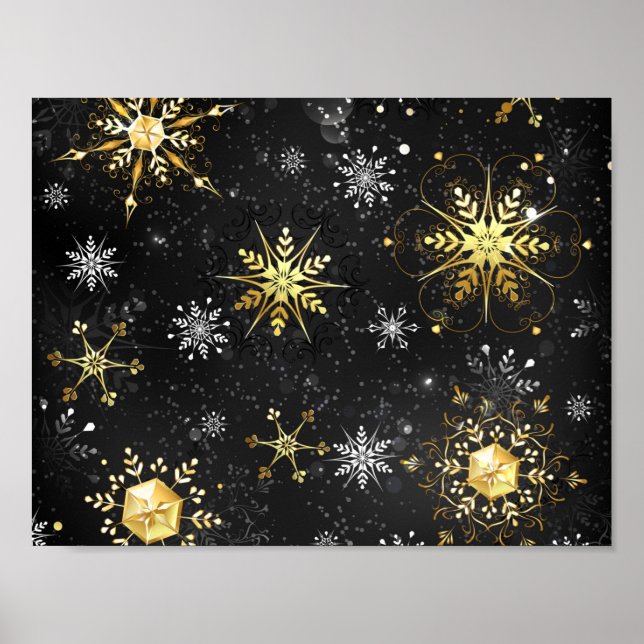 Xmas Golden Snowflakes on Black Background Poster (Front)