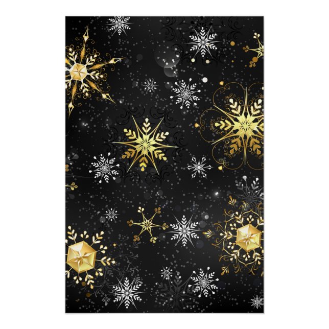 Xmas Golden Snowflakes on Black Background Poster (Front)