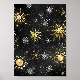 Xmas Golden Snowflakes on Black Background Poster