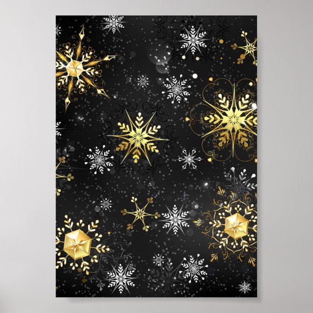 Xmas Golden Snowflakes on Black Background Poster (Front)