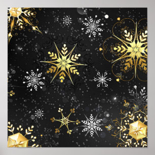 Xmas Golden Snowflakes on Black Background Poster