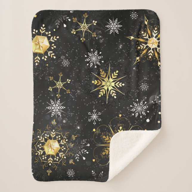 Xmas Golden Snowflakes on Black Background Sherpa Blanket (Front)