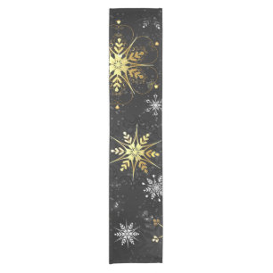 Xmas Golden Snowflakes on Black Background Short Table Runner