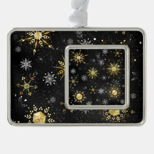 Xmas Golden Snowflakes on Black Background Silver Plated Framed Ornament