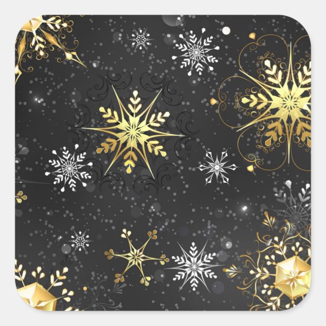 Xmas Golden Snowflakes on Black Background Square Sticker (Front)