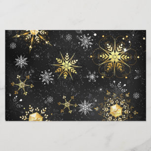Xmas Golden Snowflakes on Black Background Stationery