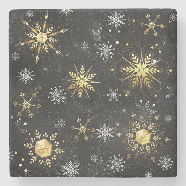 Xmas Golden Snowflakes on Black Background Stone Coaster (Front)
