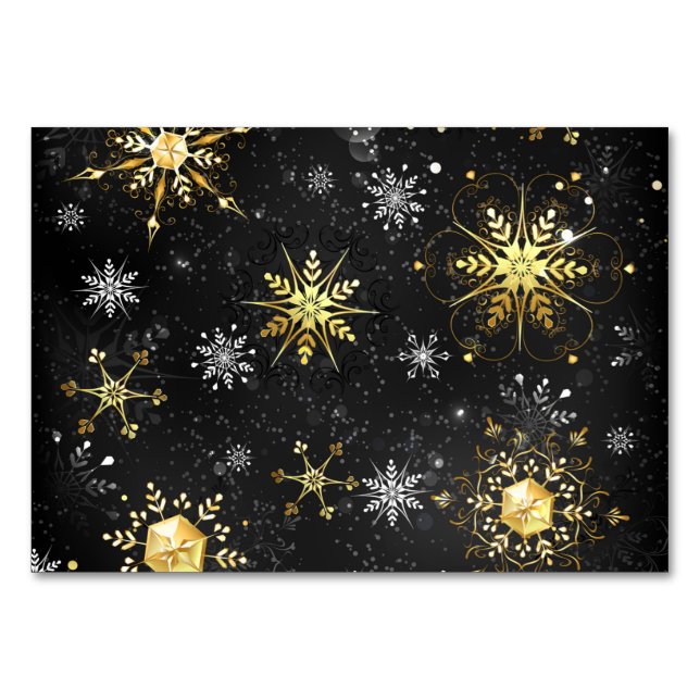 Xmas Golden Snowflakes on Black Background Table Number (Front)