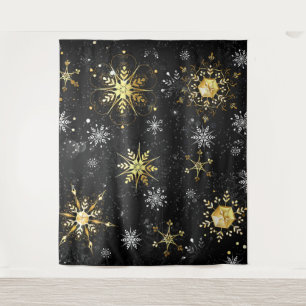 Xmas Golden Snowflakes on Black Background Tapestry