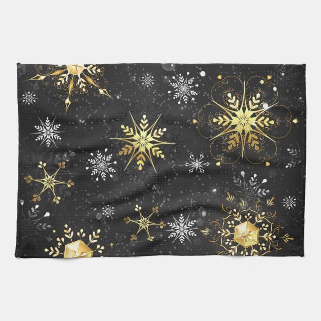 Xmas Golden Snowflakes on Black Background Tea Towel (Horizontal)