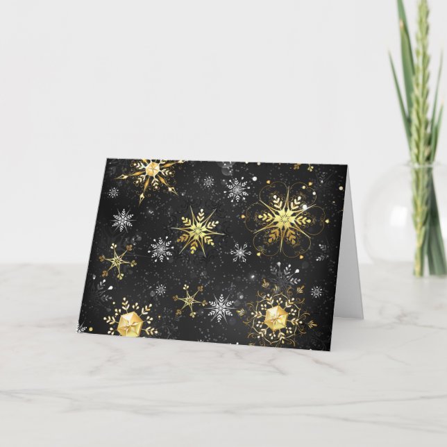 Xmas Golden Snowflakes on Black Background Thank You Card (Front)