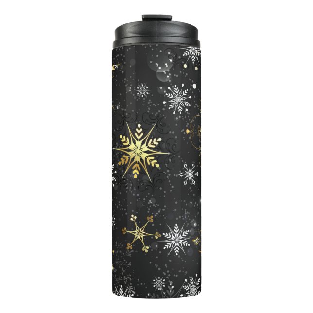 Xmas Golden Snowflakes on Black Background Thermal Tumbler (Front)