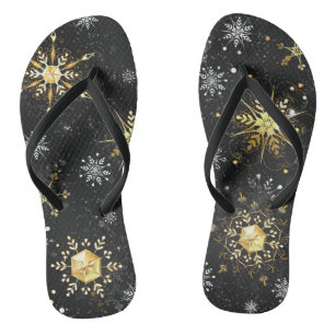 Xmas Golden Snowflakes on Black Background Thongs