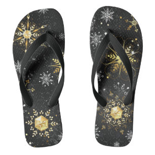 Xmas Golden Snowflakes on Black Background Thongs
