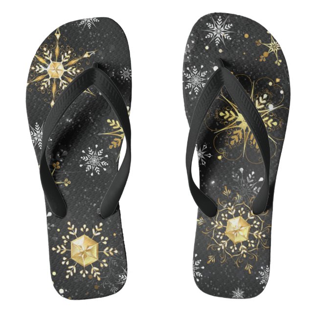 Xmas Golden Snowflakes on Black Background Thongs (Footbed)
