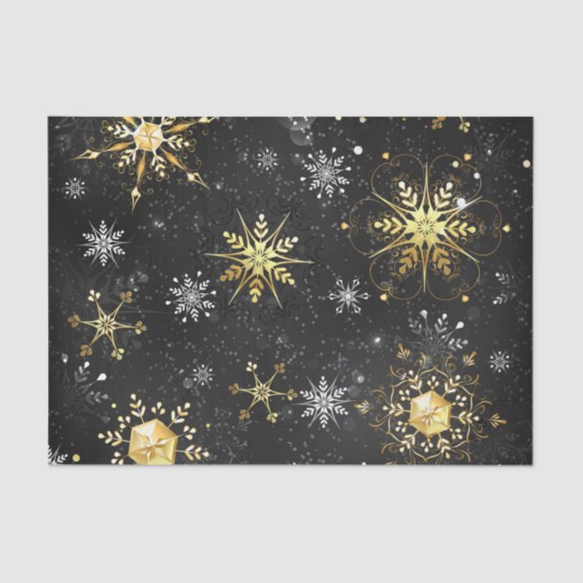 Xmas Golden Snowflakes on Black Background Tissue Paper (Front)