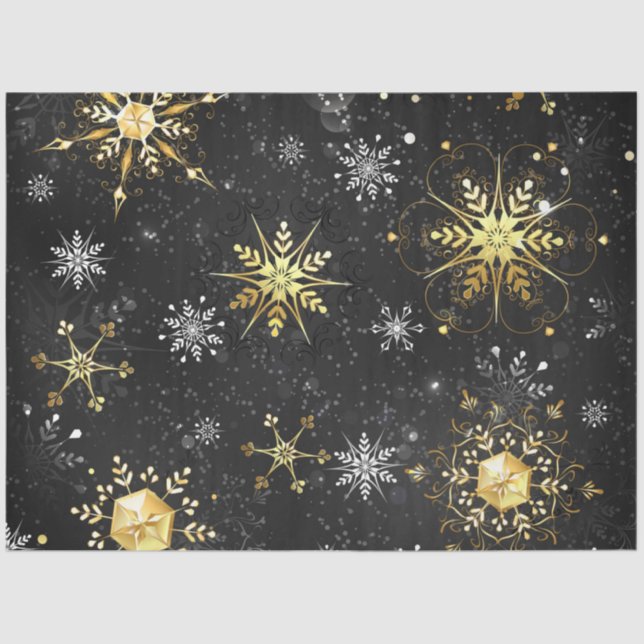Xmas Golden Snowflakes on Black Background Tissue Paper (Front)