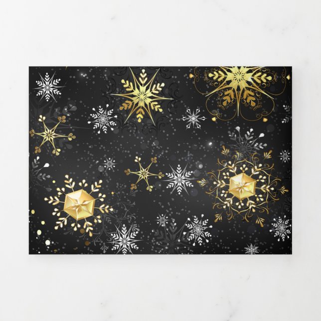 Xmas Golden Snowflakes on Black Background Tri-Fold Invitation (Cover)