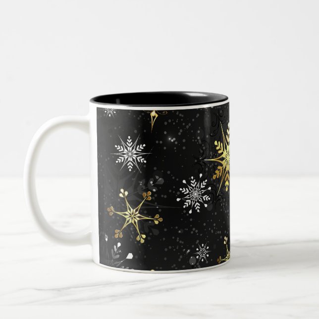 Xmas Golden Snowflakes on Black Background Two-Tone Coffee Mug (Left)