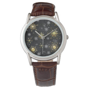Xmas Golden Snowflakes on Black Background Watch