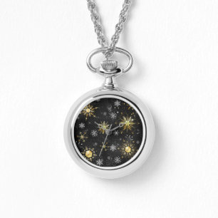 Xmas Golden Snowflakes on Black Background Watch