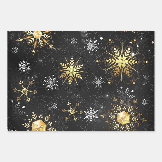 Xmas Golden Snowflakes on Black Background Wrapping Paper Sheet (Front)