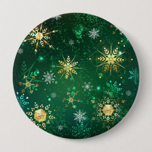 Xmas Golden Snowflakes on Green Background 10 Cm Round Badge