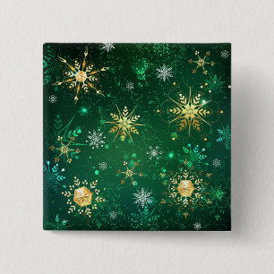 Xmas Golden Snowflakes on Green Background 15 Cm Square Badge