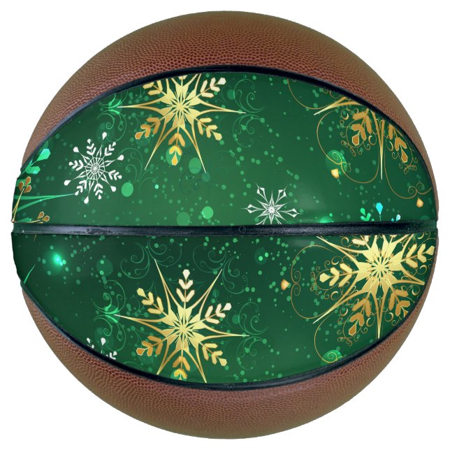 Xmas Golden Snowflakes on Green Background Basketball (Front)
