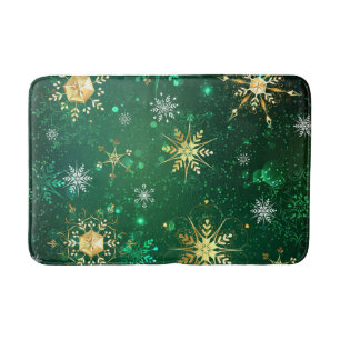 Xmas Golden Snowflakes on Green Background Bath Mat