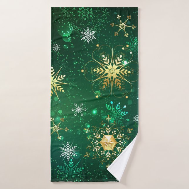 Xmas Golden Snowflakes on Green Background Bath Towel (Bath Towel)