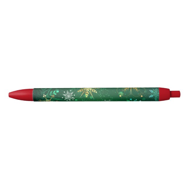 Xmas Golden Snowflakes on Green Background Black Ink Pen (Front)