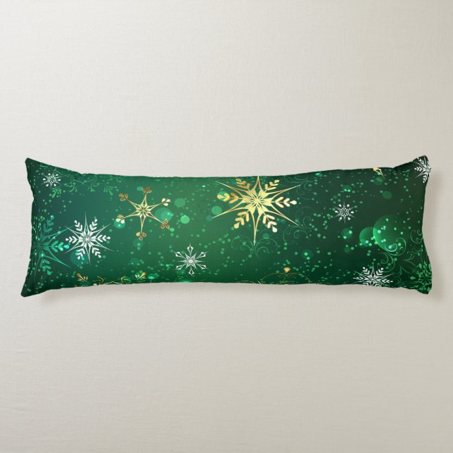 Xmas Golden Snowflakes on Green Background Body Cushion (Front)
