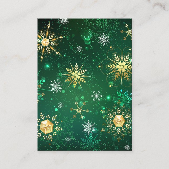 Xmas Golden Snowflakes on Green Background Business Card (Front)