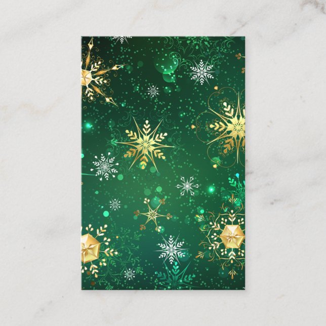 Xmas Golden Snowflakes on Green Background Business Card (Front)