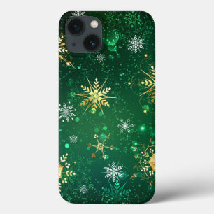 Xmas Golden Snowflakes on Green Background iPhone 13 Case