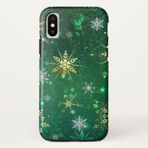 Xmas Golden Snowflakes on Green Background iPhone X Case