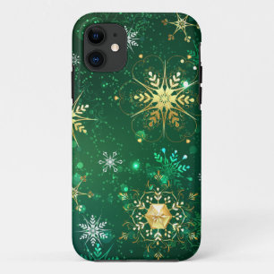 Xmas Golden Snowflakes on Green Background iPhone 11 Case