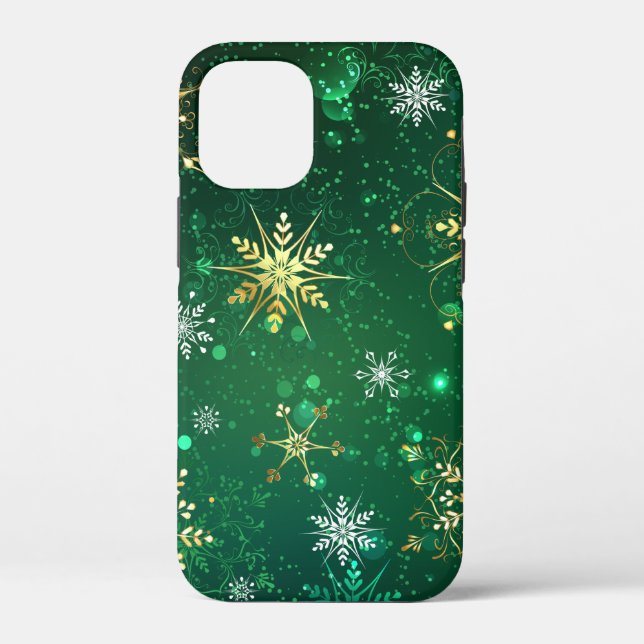 Xmas Golden Snowflakes on Green Background Case-Mate iPhone Case (Back)