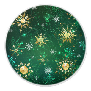 Xmas Golden Snowflakes on Green Background Ceramic Knob
