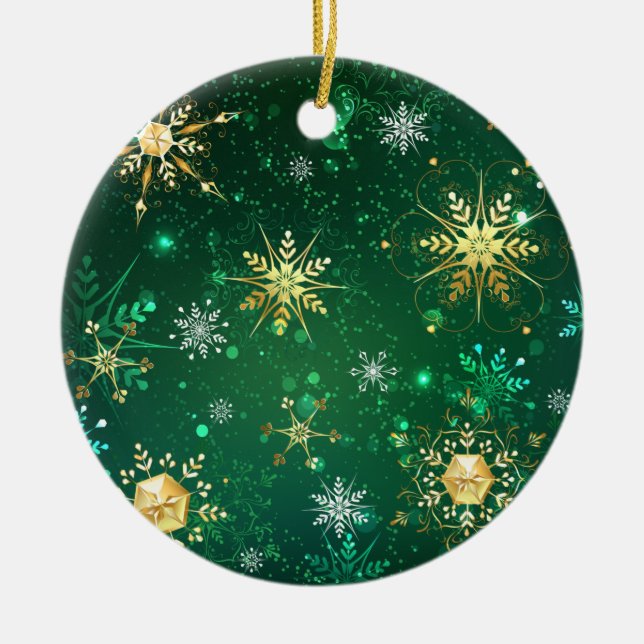Xmas Golden Snowflakes on Green Background Ceramic Ornament (Front)