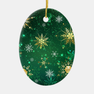 Xmas Golden Snowflakes on Green Background Ceramic Ornament
